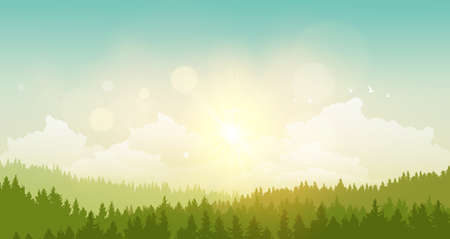 vector illustration of green landscape of sunny morning.のイラスト素材