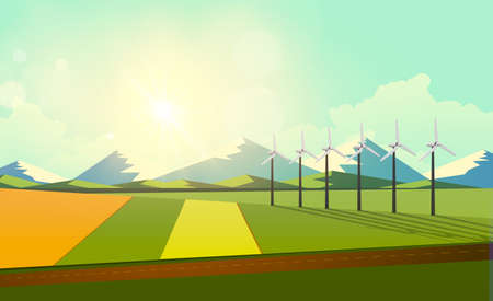 Vector illustration of green countryside of sunny morning with wind turbines. Eco vector design.のイラスト素材