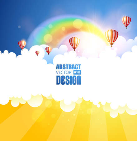 Abstract vector background with rainbow and clouds sunset and flying balloons. Vector design.のイラスト素材