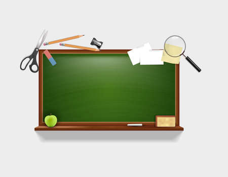 Education Background Vector Design with Space For Your Text on Green Empty Board. Collection of School Equipment.のイラスト素材