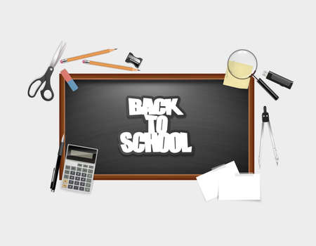 Back To School Blackboard with lettering and space for your text. Realisitc vector design elements of school. Back to school background. Detailed Design Qualityのイラスト素材