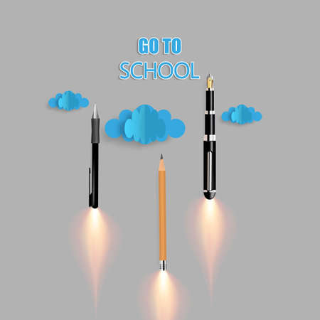 Back to school background.Origami clouds and launch rocket ship made with pencils.のイラスト素材