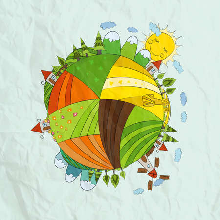Vector Hand Draw Cartoon Planet. Nature Countryside Background Vector Design.のイラスト素材