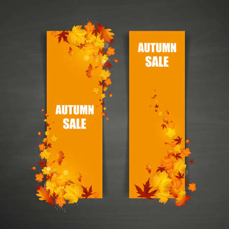 Autumn Sale Concept with Autumn Leaves On Grungy Blackboard. Vector Illustration.のイラスト素材