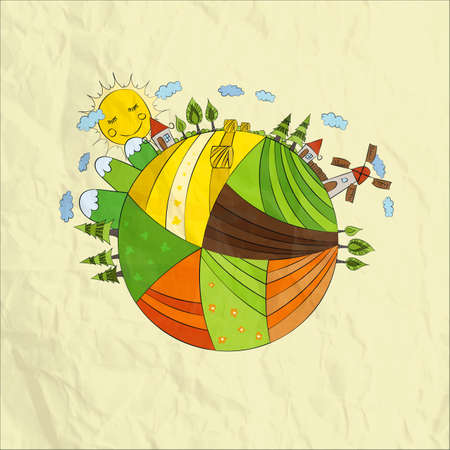 Vector Hand Draw Cartoon Planet. Nature Countryside Background Vector Design.のイラスト素材