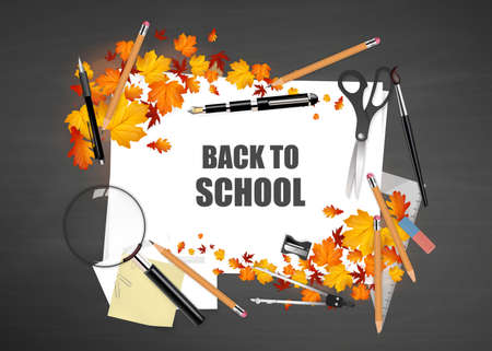 Back to school. Black desk with school supplies and autumn leaves. Vector.のイラスト素材
