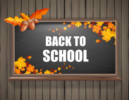 Autumn background with autumn maple leaves on blackboard realistic. Vector back to school chalkboard bannerのイラスト素材