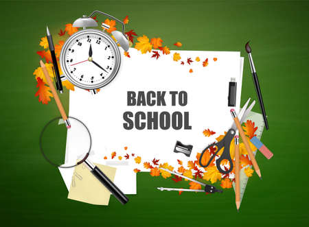 Back to school. Green desk with school supplies and autumn leaves. Vector.のイラスト素材