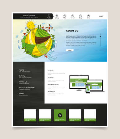 Website Template, with colorful cartoon illustration header. Vector Layout.のイラスト素材