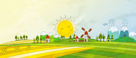 Cartoon Countryside. Summer Landscape. Vector illustration.のイラスト素材