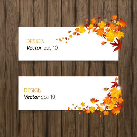 Autumn Sale Concept with Autumn Leaves On Grungy Wooden Board. Vector Illustration.のイラスト素材