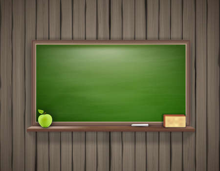 Vector illustration of empty green school board on wooden wall.のイラスト素材