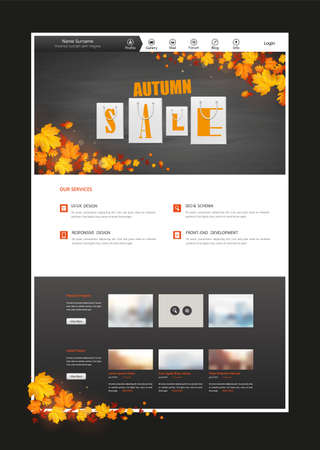 One page website design template theme in autumn, Autumn leaves on blackboard header design with shopping bags. Vector Illustration.のイラスト素材