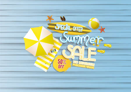 Summer sale background, with painted wooden floor, and beach products.のイラスト素材