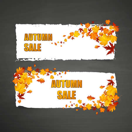 Autumn Sale Concept with Autumn Leaves On Grungy Blackboard. Vector Illustration.のイラスト素材