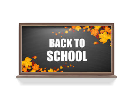 Autumn background with autumn maple leaves on blackboard realistic. Vector back to school chalkboard bannerのイラスト素材