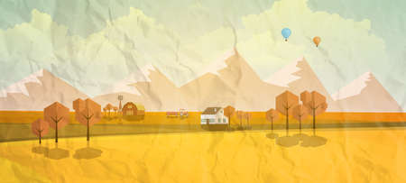 Vector Autumn Landscape with crumpled paper texture. Vector Design.のイラスト素材