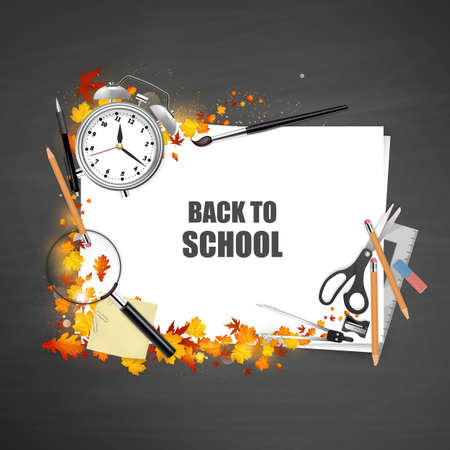 Back to school. Black desk with school supplies and autumn leaves. Vector.のイラスト素材