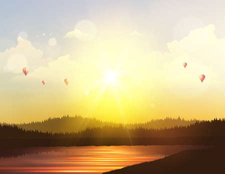 Fantasy Vector High Detailed Background Landscape, Sunset and hot air ballons on cloudy sky.のイラスト素材