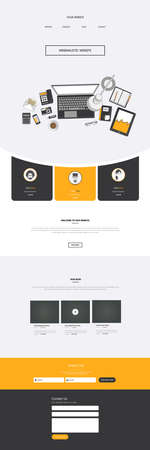 Vector One Page Website Template flat in design, with top view of office supplies. Layered Editable Vector Illustrationのイラスト素材