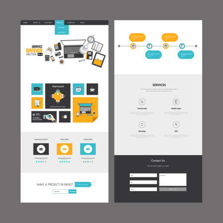 Vector One Page Website Template flat in design, with top view of office supplies. Layered Editable Vector Illustrationのイラスト素材