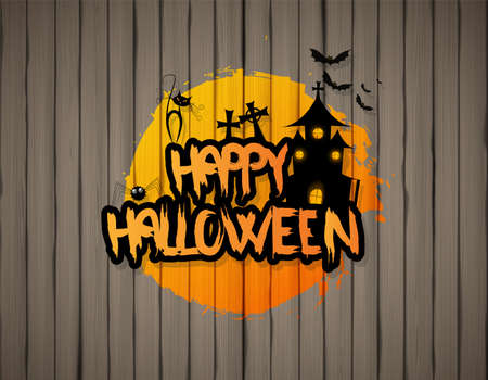 Happy Halloween design on wooden background - vector backgroundのイラスト素材