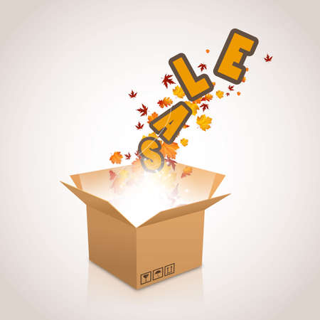 Opened Box with "SALE" Lettering and Orange Colored Leaves. Vector Design.のイラスト素材