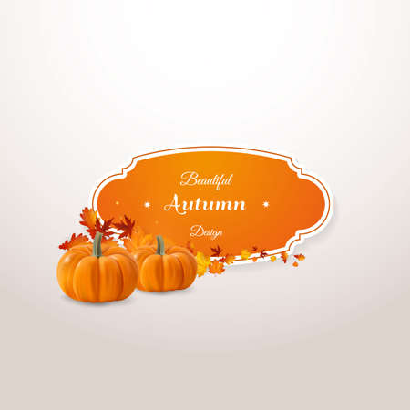 Vector set of colorful autumn leaves with label design and photorealisit pumpkin vector illustration. Isolated vector emblem design with fall leaves.のイラスト素材