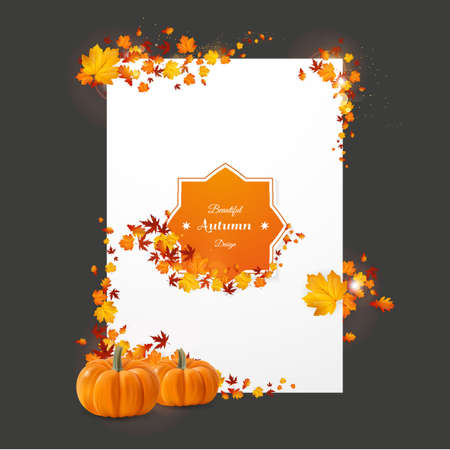 White cover in autumn thanksgiving theme. Vector autumn design. photorealisitc with leaves and pumpkin.のイラスト素材
