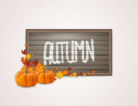 Hello Autumn Background. Bright autumn leaves and pumpkins with wooden board background. You can place your text in the center.のイラスト素材