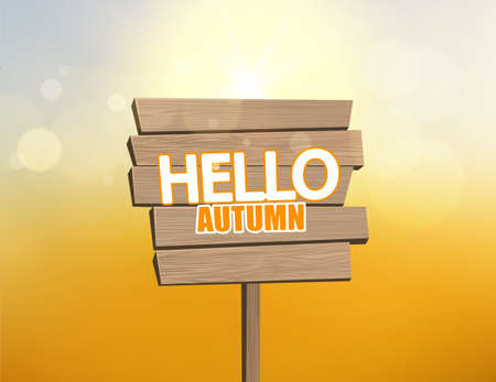 Vector realistic illustration of autumn wooden signboard with bokeh background. Elements are layered in Separately vector file.のイラスト素材