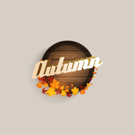 Vector realistic illustration of autumn wooden signboard. Vector autumn design with leaves.のイラスト素材