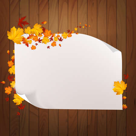 Autumn Background. White paper on wooden background with autumn leaves. Vector design.のイラスト素材