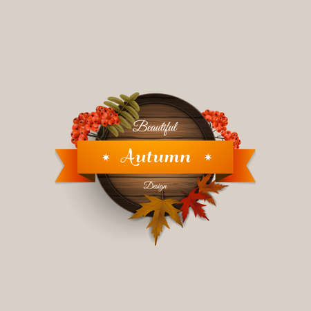 Vector realistic illustration of autumn wooden signboard. Vector autumn design. with leaves and rowan berries.のイラスト素材