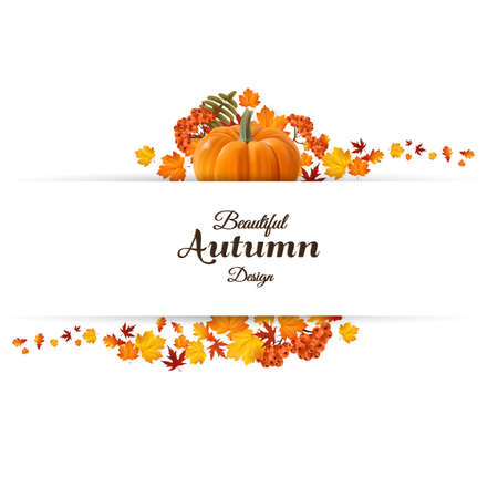 Autumn Vector Backdrop with Autumn Leaves, Pumpkin and Rowan berries. Vector Illustration.のイラスト素材
