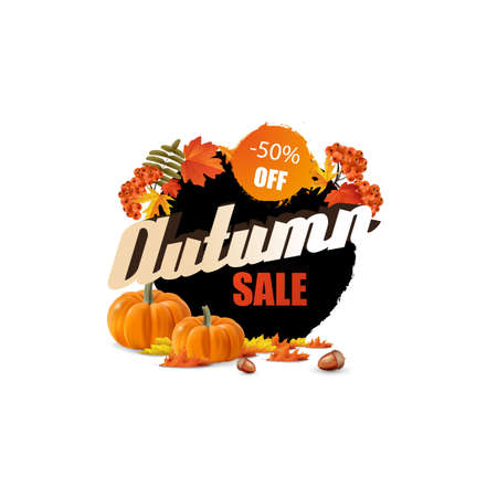 Golden autumn sale seasons, and rowan berry bouquet of leaves, pumpkin abstract vector art design.のイラスト素材