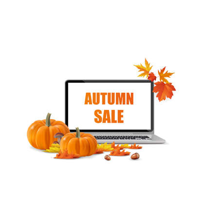 Laptop with autumn leaves and pumpkins composition. Design of autumn season. Autumn sale design.のイラスト素材