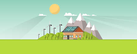 Eco Flat Landscape Design. Eco Concept. Illustration of solar panels and wind turbines with. Renewable energy vector.のイラスト素材