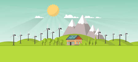 Eco Flat Landscape Design. Eco Concept. Illustration of solar panels and wind turbines with. Renewable energy vector.のイラスト素材