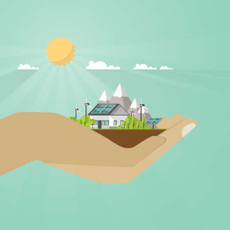Hand Holding Eco Flat Landscape Design. Eco Concept. Illustration of solar panels and wind turbines with. Renewable energy vector.のイラスト素材