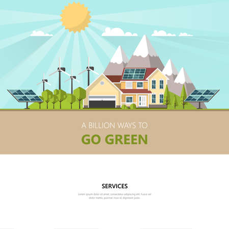Green Energy an eco friendly traditional and modern house. Solar, wind power. Vector concept illustration with electric car. Vector Eco concept designのイラスト素材