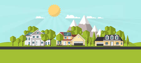 American suburban houses. Eco lifestyle background. Flat design concept vector illustration.のイラスト素材
