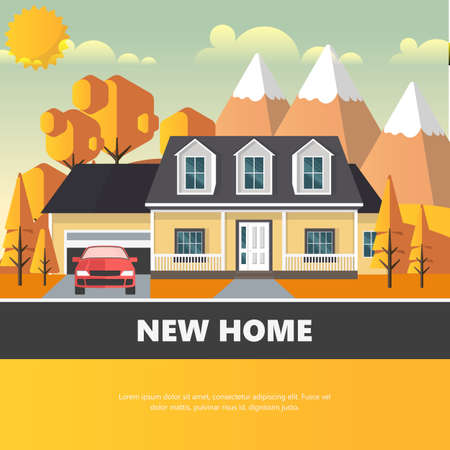 Flat Illustration of American home in autumn. Vector Abstract Design.のイラスト素材
