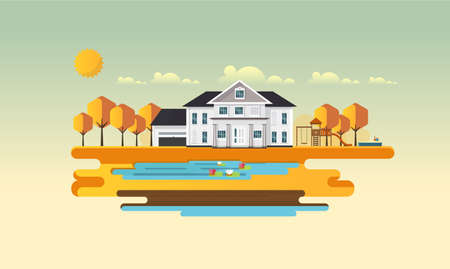 Flat Illuastration of American home in autumn. Vector Abstract Design.のイラスト素材