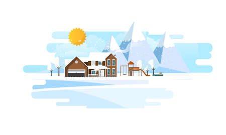 Suburban Home in Winter Landscape Vector Ilustration Flat,のイラスト素材
