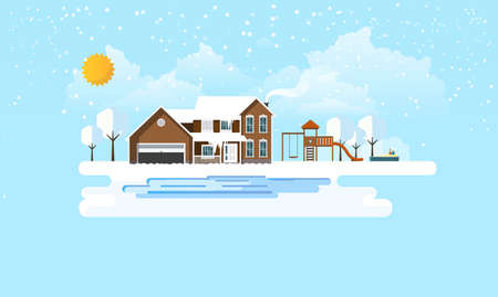 Suburban Home in Winter Landscape Vector Flat Iluustration,のイラスト素材