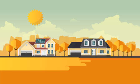 Flat Illuastration of American homes in autumn. Vector Abstract Design.のイラスト素材