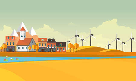 Flat Illustration of town in autumn. Vector Abstract Design.のイラスト素材