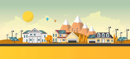 Flat Illustration of town in autumn. Vector Abstract Design.のイラスト素材