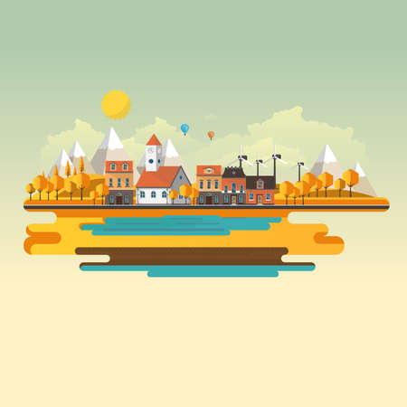 Flat Illustration of town in autumn. Vector Abstract Design.のイラスト素材